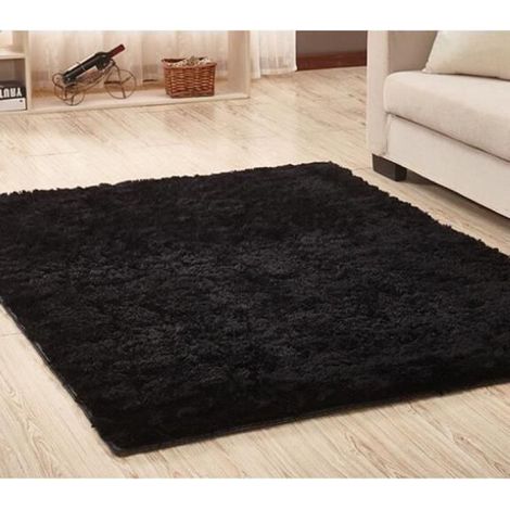 Tapis de Sol Shaggy Confortable Moquette Anti-dérapant Absorbant Velours Décor Maison 80120cm Noir (1/2)