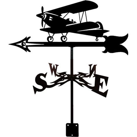 Veleta metálica con silueta de biplano antiguo: indicador meteorológico decorativo para jardín, color negro, apta para todo tipo de clima