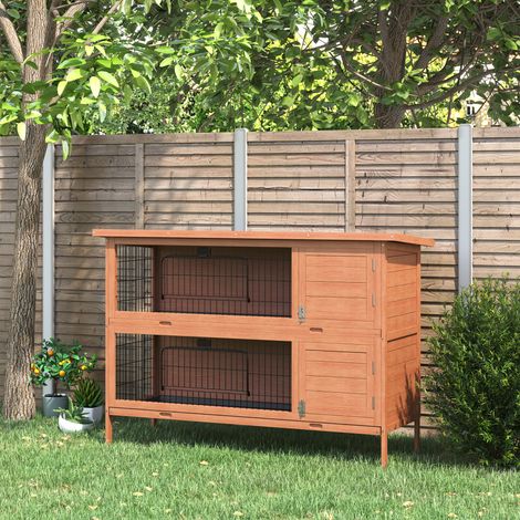 Clapier d'hiver pour lapins, 2 niveaux, bac de base en bois, toit en asphalte, portes, 136,4 x 50 x 93 cm, orange (1/5)