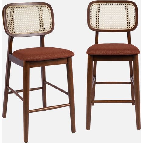 Set 2 sgabelli da bar vintage in legno di hevea con impagliatura e tessuto, 66,5 cm