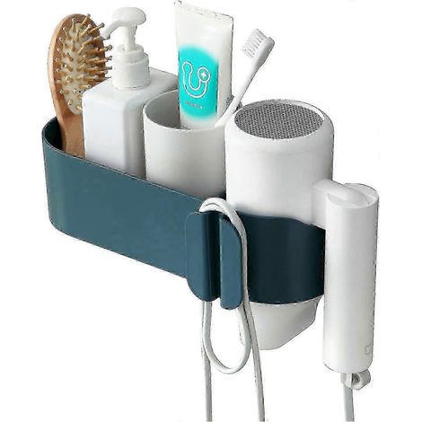 Support mural pour sèche-cheveux avec boîte de rangement, sans trous, étanche, adhésif durable (bleu) (1/5)
