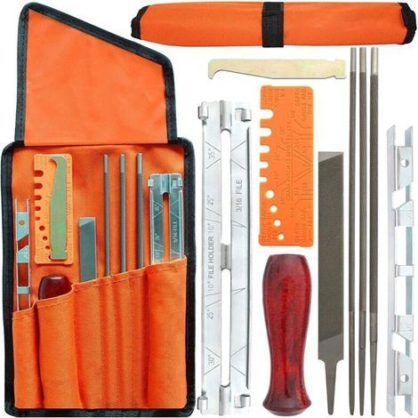 Garden FutureLot de 10 limes d'affûtage pour chaîne de tronçonneuse - Avec lime ronde - Guides d'affûtage - Jauge de profondeur - Avec sac en tissu (1/4)