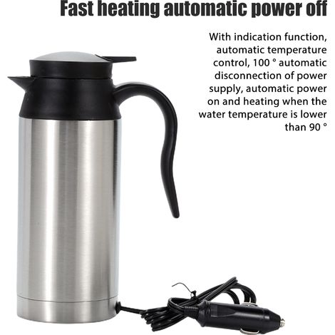 Bouilloire électrique de voiture, 12V et 24V, acier inoxydable, thermo-isolante, tasse de voyage, acier inoxydable, couleur naturelle, 750ml, 12V. (1/5)