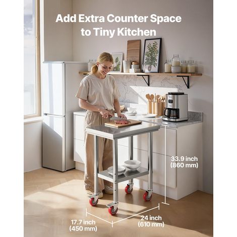 Table de travail en acier inoxydable 61 x 45 cm, table de préparation des aliments avec roulettes et étagère inférieure réglable, pour cuisine commerciale, restaurant, hôtel, garage, extérieur (1/5)