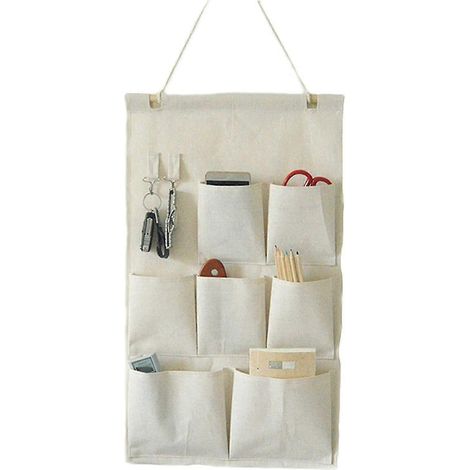 Sac de rangement suspendu en lin/coton pour porte de placard avec crochets (sept poches) (1/5)