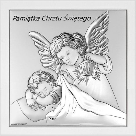 Quadro in argento raffigurante un angelo con lanterna, cornice bianca, ricordo del Santo Battesimo 6733-W 14 x 14 cm (1/5)