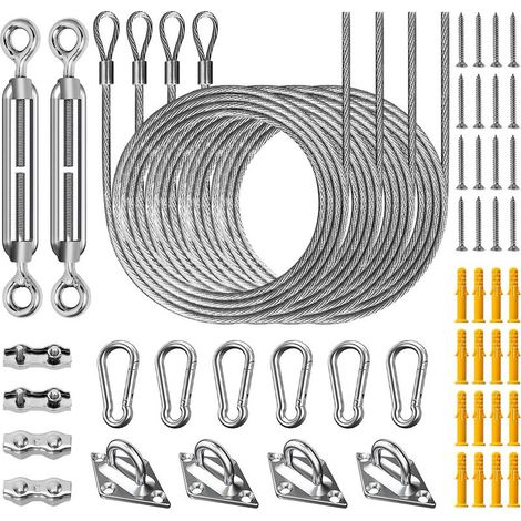 Kit de fixation pour voile d'ombrage de terrasse (52 pièces) – Accessoires de fixation et attaches en acier inoxydable 304 pour installation d'ombrage, avec tendeurs réglables + câble en acier de 2 m (1/5)