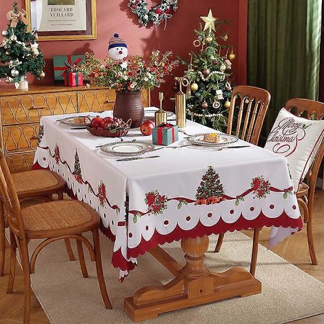 Nappe de Noël rectangulaire en polyester imperméable, imprimée numériquement, avec ruban, 150 x 180 cm. Idéale pour les fêtes et les réunions de famille. (1/5)