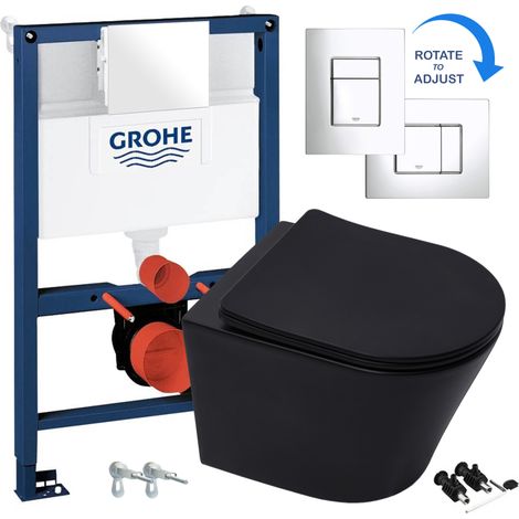 Matt Black Rimless ECO Wall Hung Toilet Pan, Seat & GROHE 38773000 Rapid 0.82m SL 3-in-1 Low Height WC Cistern Frame inc. Plate