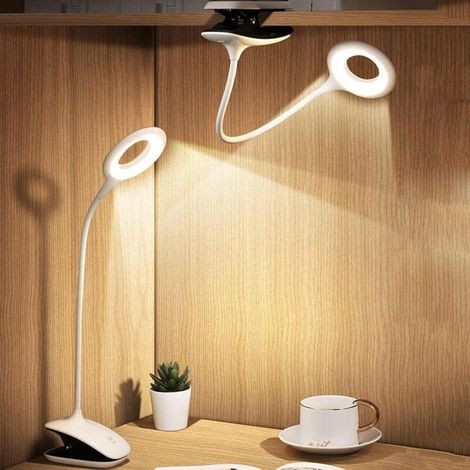 Lámpara de lectura LED con clip para escritorio infantil con cuello flexible, recargable por USB, ideal para leer libros electrónicos, estudiar y trabajar, color blanco. (1/4)