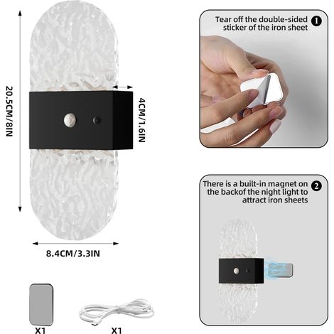Wandleuchte, 1 Stück, wiederaufladbar, batteriebetrieben, 1200 mAh, für den Innenbereich, geeignet für Schlaf- und Wohnzimmer, schwarz – Ausführung 2