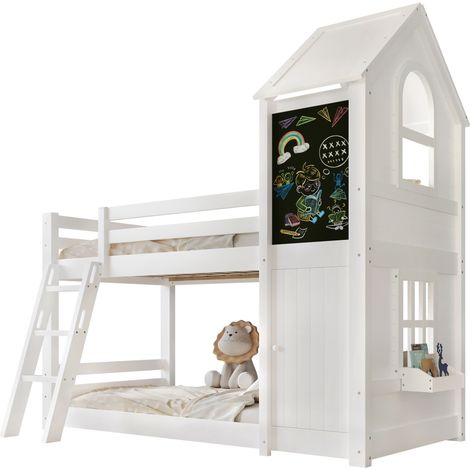 Lit superposé enfant bois massif/MDF blanc 90x200 cm avec ardoise, petite porte, échelle inclinée, sommiers à lattes (1/5)