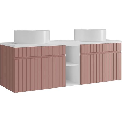 Meuble de salle de bain suspendu strié avec niches et double vasque à poser ronde - Rose - L140 cm - SATARA (1/4)