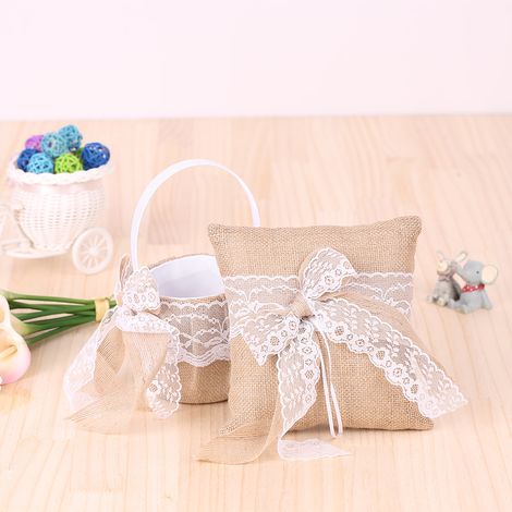 7 pouces Vintage toile de jute dentelle Bowknot anneau porteur oreiller et rustique mariage fleur fille panier ensemble (1/5)