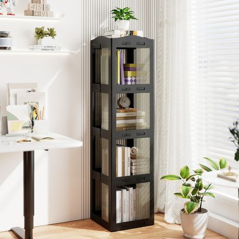 Bibliothèque Pliante Rotative Étagère Tournante à 360° Bibliothèque à 4 Niveaux Étagère d'Angle Haute Organisateur de Rangement Noir (1/3)