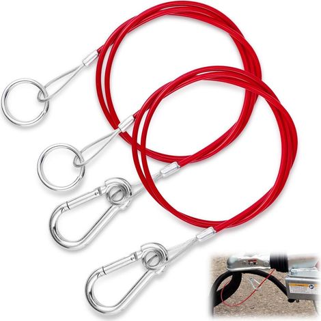 2 Câbles de sécurité pour remorque 1m avec crochet, acier inoxydable, PVC rouge (1/5)