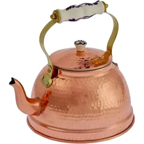 Bouilloire en cuivre, Theiere cuivre - Martelé, avec anse en porcelaine, 1,5L