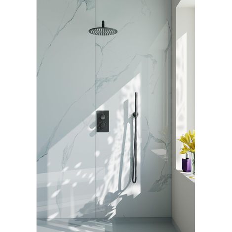 Fortifura Calvi Ensemble de douche encastrable avec thermostat, pommeau de douche 25cm et douchette stick Gun Metal PVD (1/5)