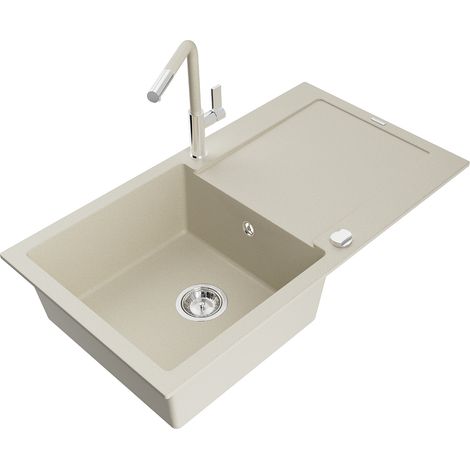 Mexen Leo lavello in granito a 1 vasca con gocciolatoio e rubinetto da cucina Flora, beige - 6501-69-670401-09 (1/5)