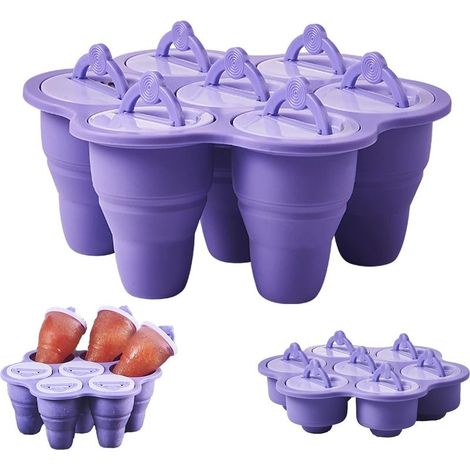 Molde plegable para helados, 7 cavidades, de silicona, para helados y paletas caseras – Libre de BPA (Morado) (1/5)