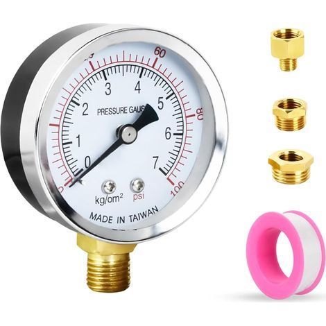 60mm Manomètre de Pompe de Puits,BSP 1/4 "0-7 Bar(0-100 PSI),avec 2 Adaptateur en Laiton de 1/4" à 3/8 ", 1/4" à 1/2 ",une Bande de Polytétrafluoroéthylène (1/5)