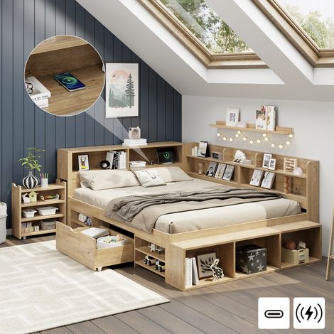 Children's bed, Double Bed-4ft6(135190cm), multifunctional children's bed with drawers, bookcase and storage cupboard, large storage space, slatted frame, without mattress, natural color