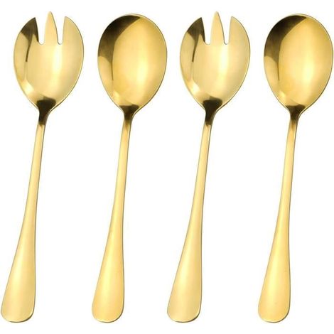 4 Pcs Couverts à Salade Dorés en Acier Inoxydable,2 Cuillères à Salade et 2 Fourchettes à Salade, Design Poli, Lavables Au Lave (1/4)