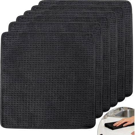 6 Pièces Chiffon Microfibre Cuisine 20x20 cm - Petites Lavettes Cuisine Noir & Torchons Vaisselle - Tissu Alvéolé Super Absorbant pour Barista, Machine à Café, Doux & sans Peluches (Noir) (1/5)