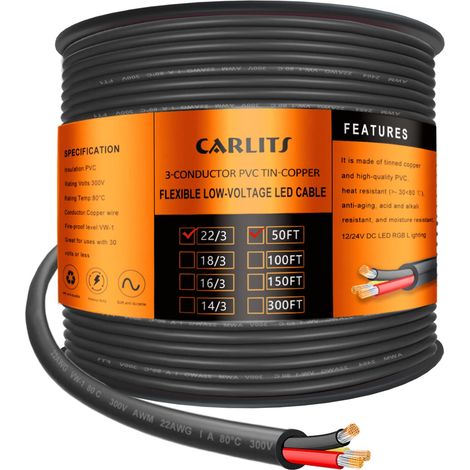 22 Calibre Fil Electrique 3 Conducteurs 3x0,32mm², 15.24M Black Basse Tension 22/3 Câble PVC, Cordon D'alimentation Flexible pour Lampe LED (1/5)