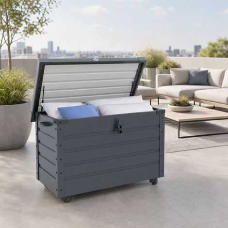 Coffre de rangement de jardin 100 x 62 x 65 cm en acier gris foncé, avec roulettes, FloraGrace (1/5)