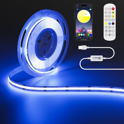 USB RGB LED Strip COB 5V 1m, 600LEDs Color Changing Strip Light, Multi-Color Flexible LED Light with Bluetooth App Control for TV, Bedroom, Party, DIY Decoration