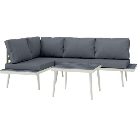 Outsunny 3 Piece Garden Furniture Set with 5-Level Adjustable Lounger, L Shaped Garden Corner Sofa with Cushions, Mesh Seat, Slatted Wood-Grain Table, Outdoor Furniture Set for Conservatory, Grey