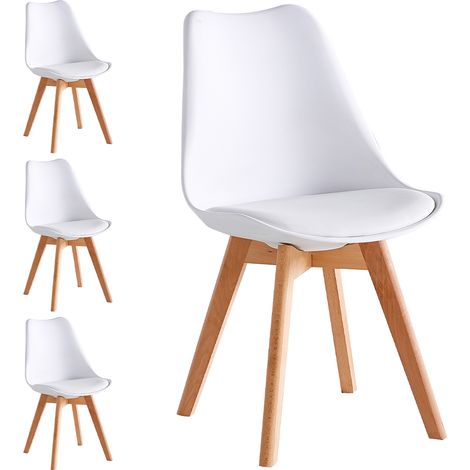 Set 4 Sedie da Pranzo Bianco Poltrona Ufficio Casa Gambe in Legno e Cuscino