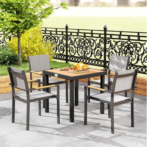 Mesa de jardín de aluminio color madera natural 78 x 78 x 74 cm, tablero efecto madera, patas regulables antideslizantes (1/5)