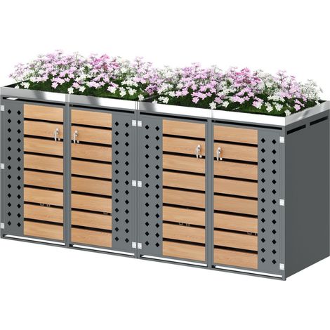 Cache-poubelle 132x80x124,5cm, panneaux horizontaux effet bois, quatre portes verrouillables, rangement déchets, zone plantation - Gris et Bois (1/5)