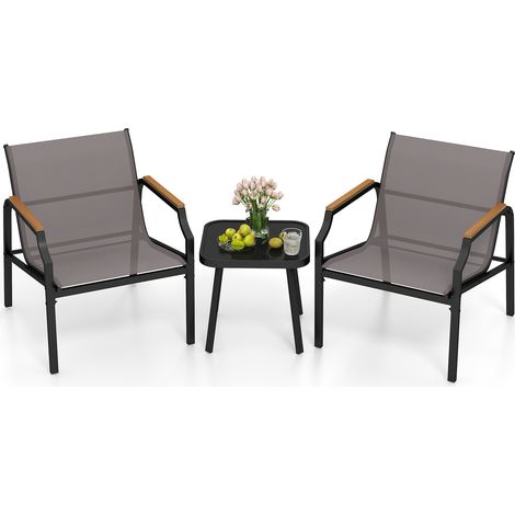 Salon de Jardin, Ensemble de 2 Chaises et Table avec Cadre Métallique, Siège en Tissu Respirant et Accoudoirs en Bois-Plastique (1/5)