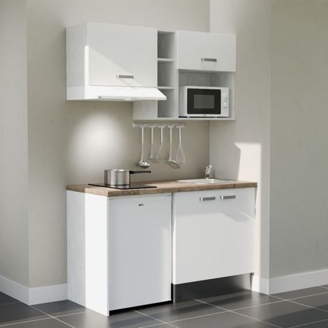 Kitchenette K13L-PT - 140 cm avec plan de travail et évier - Façade Blanc - Plan Bois - Evier Inox - Crédences Non