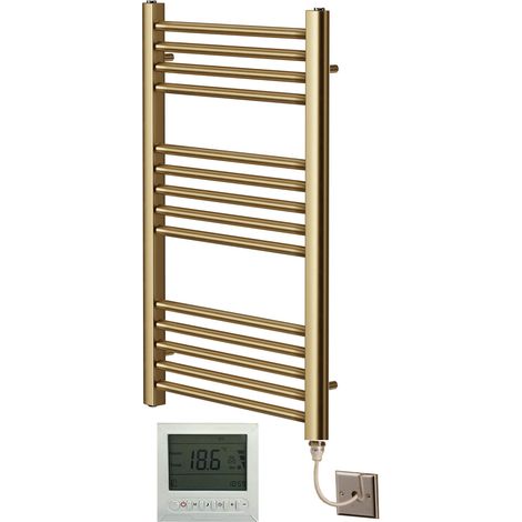 York Flat Brushed Brass Electric Towel Rail 500mm Wide x 800mm High + 7 Day Timer/Thermostat