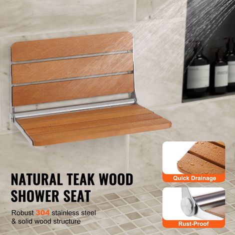 Banc de douche pliant en teck, 53 x 40 cm déplié, siège mural repliable 227 kg, chaise de bain anti-glisse économie d'espace, personnes âgées femmes enceintes enfants (1/5)
