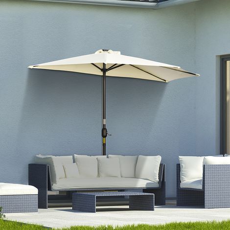 Sonnenschirm, Terrassenschirm, halbrund, mit Solarpaneel, 20 LEDs, Handkurbel, beige, 2,70 x 1,35 x 2,40 m