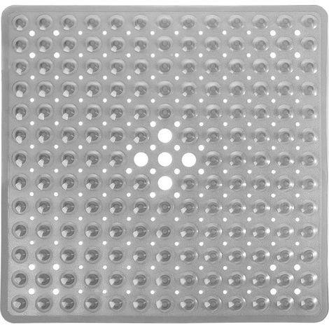 Tapis de douche antidérapant, 21 x 21 pouces, carré et souple, avec ventouses et trous d'évacuation, gris transparent. (1/4)