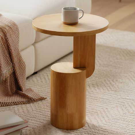 Bout de canapé rond effet bois naturel avec étagère Ø40xH56cm (1/5)