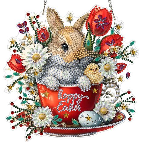 Diamond Painting Anhänger mit Kette, Osterhase Fensterbild Hängedekoration 20x20CM (1/4)