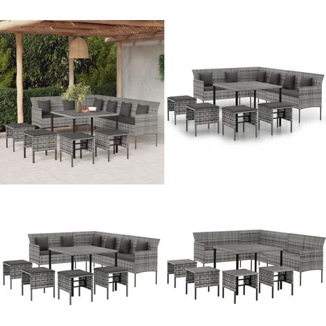 Ensemble à manger jardin 6pcs et coussins gris résine tressée - Canapé extérieur - Table extérieure