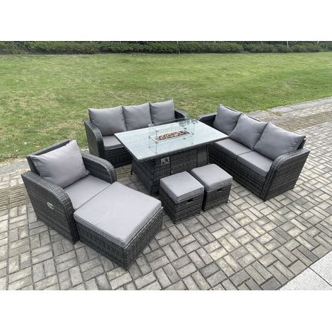 Fimous 10-Sitzer Polyrattan Gartenmöbel Set Gas Feuerstelle Esstisch Liegestühle 3-Sitzer Sofa Set mit 3 Hockern (1/5)