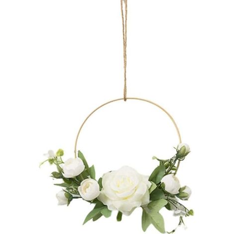Couronnes de fleurs dorées à accrocher au mur, fleurs artificielles, cadre rond, guirlande de roses roses (blanche) (1/5)