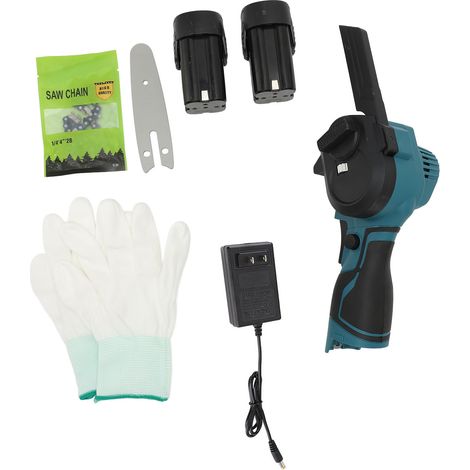 Mini tronçonneuse électrique 4 pouces 16,8V 1280RPM sans fil main puissance chaîne scie de élagage coupe bois bleu prise US 2x 2000mAh batteries (1/5)