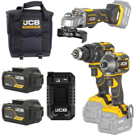 JCB Professional Akku Werkzeug Set 18V fur Baustelle & Werkstatt 3 Geraete Burstenlos: Bohrschrauber 75Nm + Drehschlagschrauber 230Nm + Winkelschleifer 125mm JCB-18PKIT-7 (1/5)