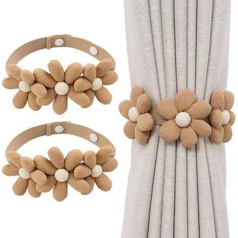 JSSEVN - Pieces Curtain Tiebacks with Flower Design, Adjustable Elastic Curtain Tiebacks, for Thick Blackout Curtains (Khaki) (1/5)