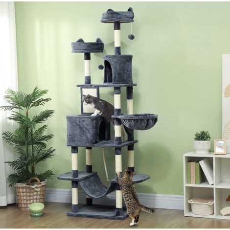 Rascador para gatos de 206 cm con cueva, 2 bolas y postes de sisal, gris oscuro HAVRYA (1/5)